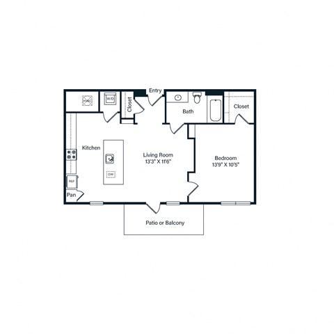 Floor plan for 1 bed, 1 bath, 691 sqft